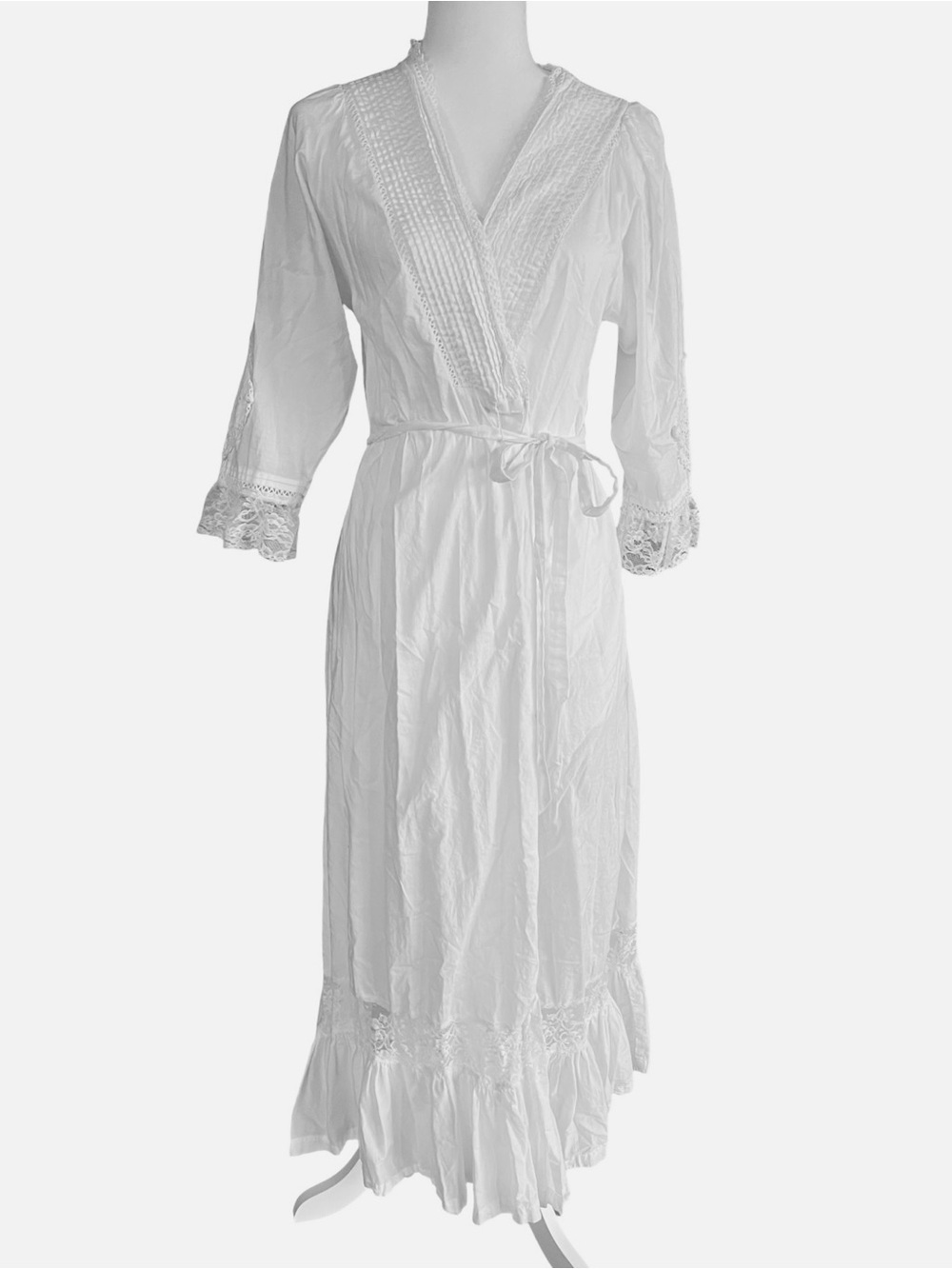 VTG LAURA ADAMS Boho White Cotton Wrap Maxi Dress Lace-Trim Romantic Ethereal